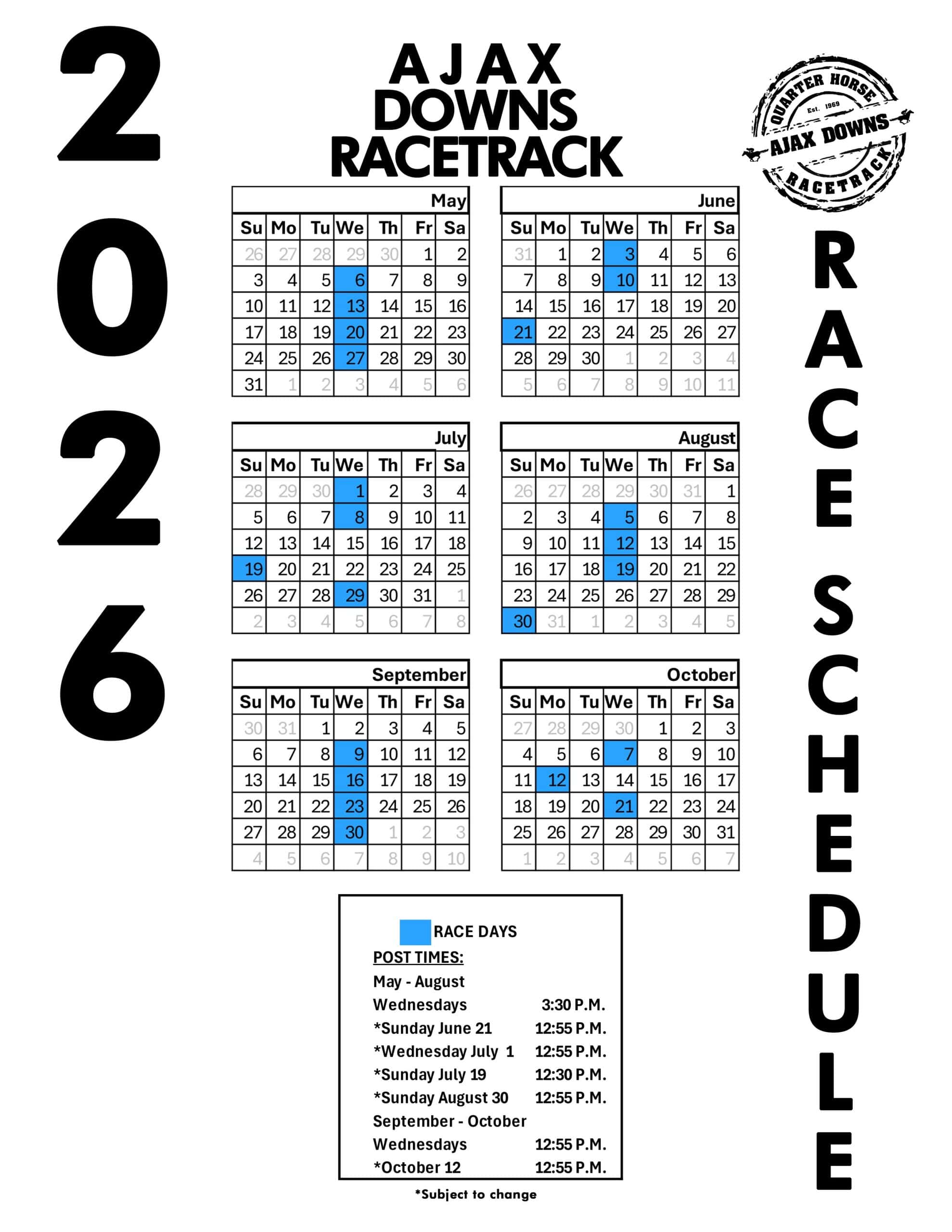 Ajax Downs 2026 Race Schedule