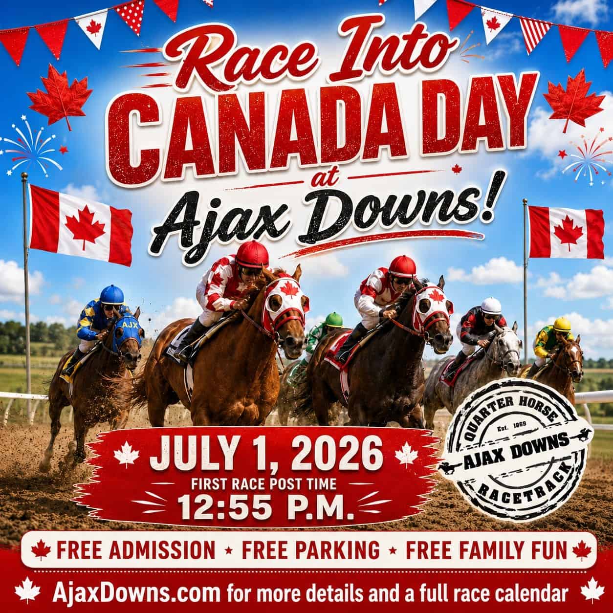 Race Into Canada Day at Ajax Downs — live Quarter Horse racing July 1, 2026, first race post time 12:55 p.m., free admission, free parking, free family fun