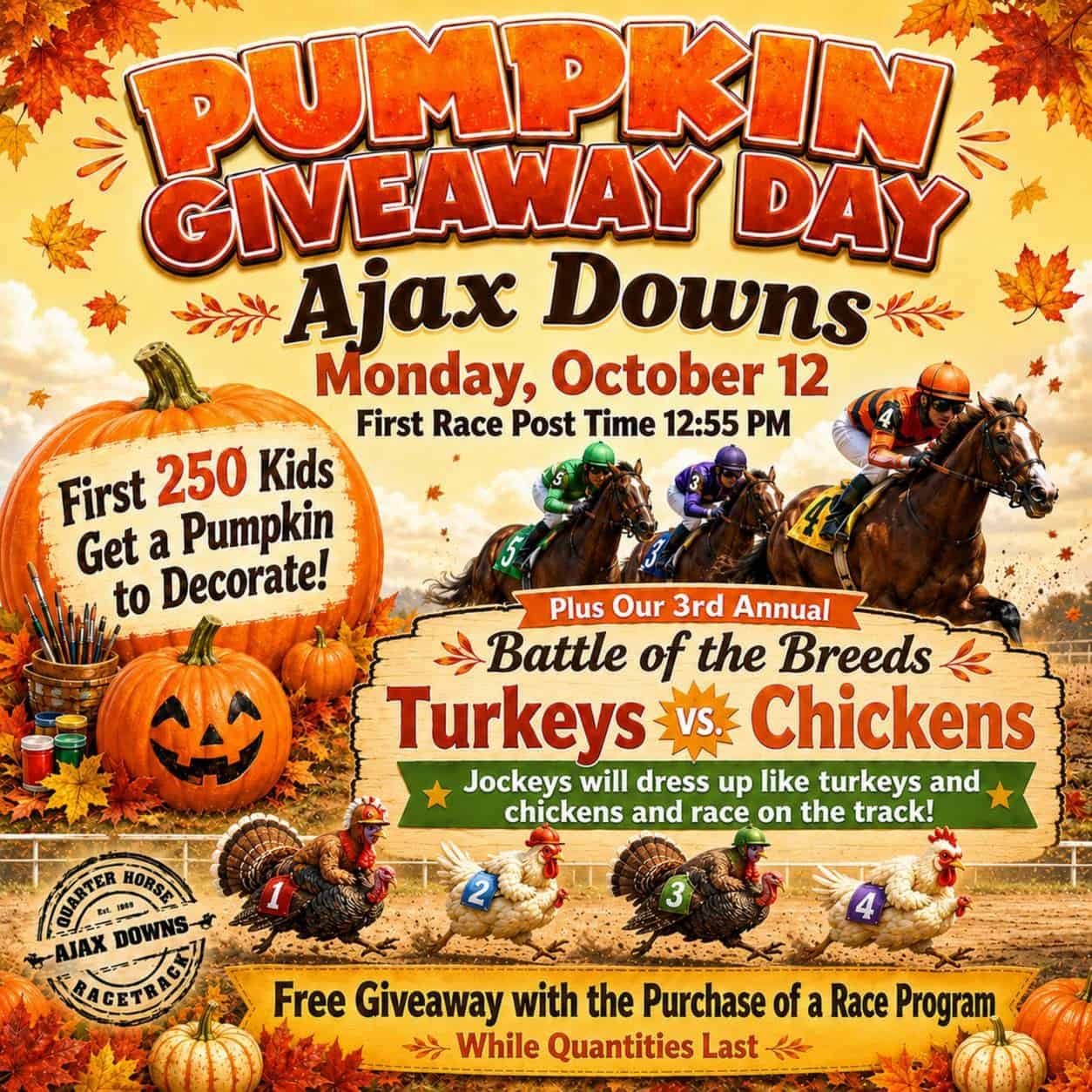 Pumpkin Giveaway Day at Ajax Downs — Monday, October 12, 2026